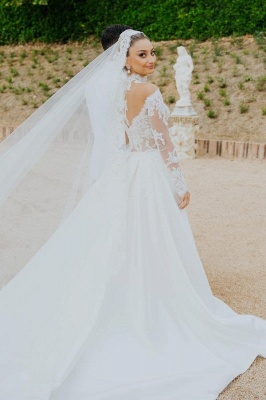 Robe de mariée trapèze en dentelle à col haut et manches longues_3
