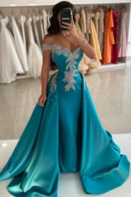 Unique Off-the-shoulder Satin Pearl A-Line Prom Dresses