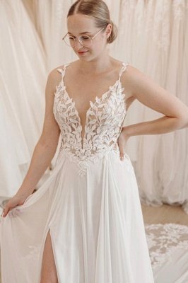 Strapless Spaghetti Straps Appliques Lace Chiffon A-Line Wedding Dresses with Slit_3