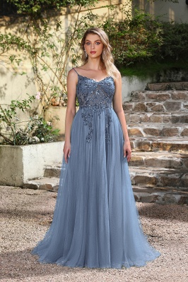 Robe de bal trapèze en tulle à bretelles spaghetti et dos nu avec appliques en dentelle