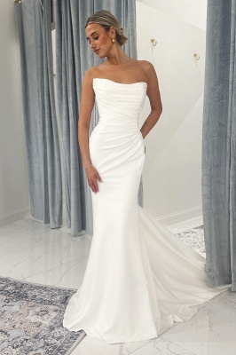 Trägerloses Meerjungfrau-Brautkleid aus Satin mit Applikationen und Spitze und Schleppe_2