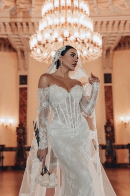 Off-the-Shoulder Applikationen Spitze Meerjungfrau Brautkleider Langarm_7