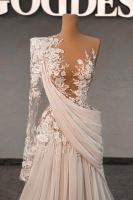 Sexy V-Ausschnitt Applikationen Spitze Langarm A-Linie Brautkleider_2