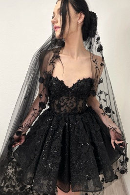 Vestidos de noiva curtos com apliques de renda e linha A sem alças_3