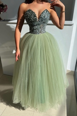 Vestidos de fiesta de corte A con escote en forma de corazón, sin tirantes, de tul y cuentas_4