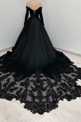 Off-the-Shoulder Perlen Applikationen Spitze Langarm Prinzessin Brautkleider_5