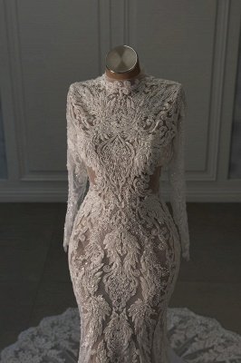 Vestidos de noiva sereia com apliques de renda e manga comprida com decote alto_3