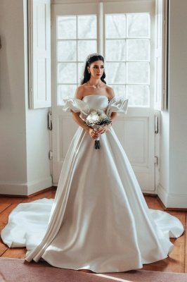 Elegante trägerlose, schulterfreie A-Linien-Brautkleider aus Satin_4