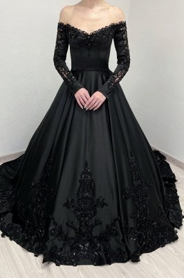 Off-the-Shoulder Perlen Applikationen Spitze Langarm Prinzessin Brautkleider_2