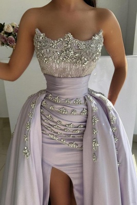 Vestidos de fiesta de sirena con abertura frontal, detalles de cristales y fruncido sin tirantes_2