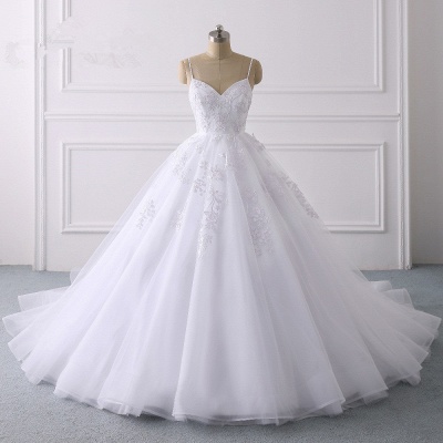 Premium A-Line Spaghetti Strap Floor Length Sleeveless Tulle Wedding Dress with Appliques_6