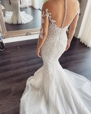 Long sleeves V-neck Lace Mermaid white Wedding Dresses Online_2