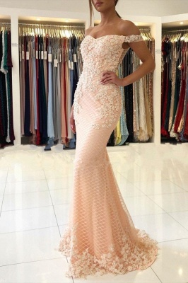 Off-the-shoulder Pink Lace Appliques Mermaid Evening Dress_1