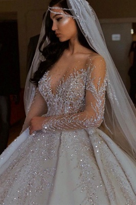 Sparkle Diamond Long sleeves Luxury Ball gown Wedding Dresses_2