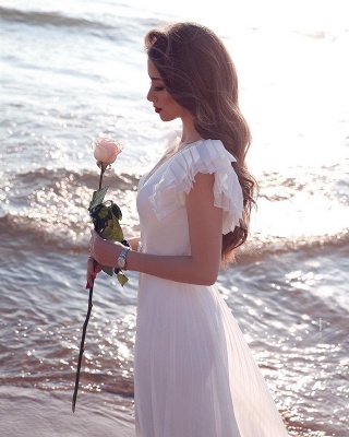 White Chiffon Ruffles Sleeves V-neck Summer Beach Wedding Dress_2