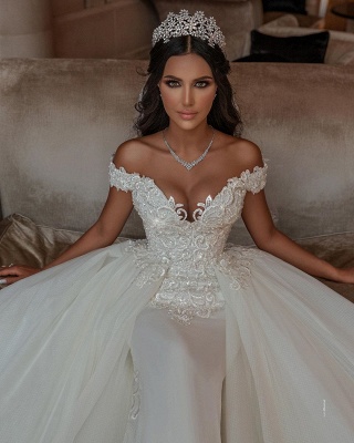 Ivory A-line Princess Off-the-shoulder Lace Wedding Dresses_2