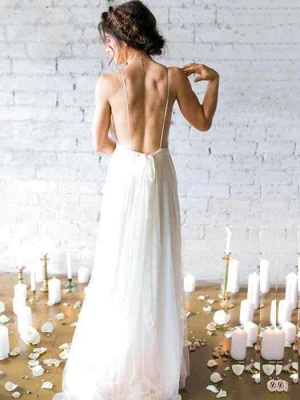 Spaghetti Straps V-neck A-line Wedding Dresses | Sexy Backless Floor Length Bridal Gowns_2