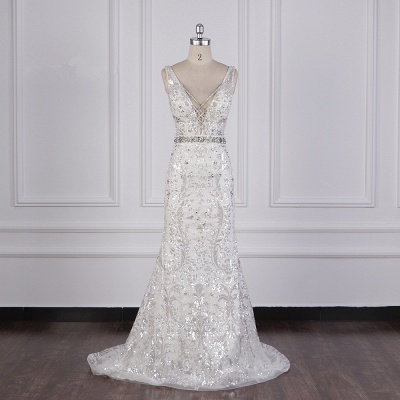 Charming Sheath Sequins V-Neck A-Line Floor Length Sleeveless Wedding Dress_1