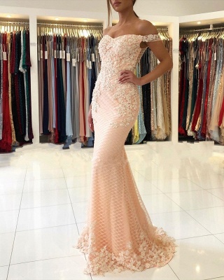 Off-the-shoulder Pink Lace Appliques Mermaid Evening Dress_2