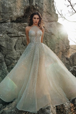 Luxury Halter Backless Sparkle Beads Ball Gown Prom Dress_1