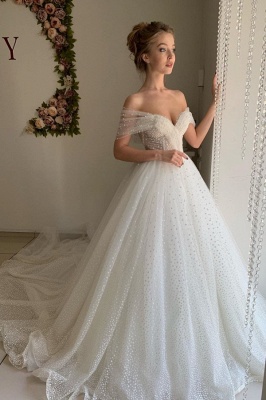 Trendy Off-the-shoulder Princess Pearl White Ball Gown Wedding Dresses_1