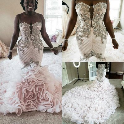 Plus Size Mermaid Crystal Lace Beads Sweetheart Long Train African Custom Made Ruffles Wedding Dresses_7