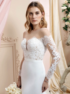 Long sleeves Lace White A-line Satin Wedding Dresses_3