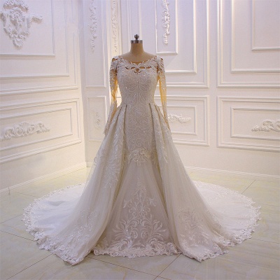 Elegant Jewel Long Sleeves Tulle Lace Sparkle Ivory Wedding Dress_3