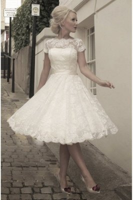 Mini vestido de novia elegante con apliques de encaje de tul de manga corta_1