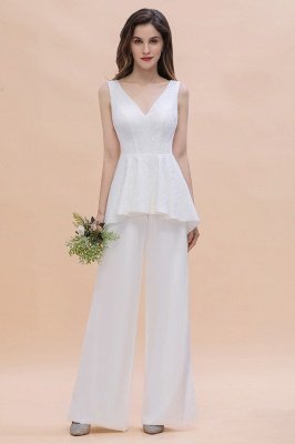 Weißer Jumpsuit mit V-Ausschnitt Hochzeit mit Seitenschlitz_6