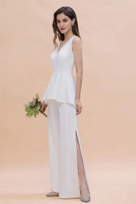 Weißer Jumpsuit mit V-Ausschnitt Hochzeit mit Seitenschlitz_7