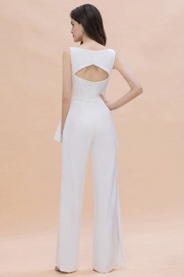Weißer Jumpsuit mit V-Ausschnitt Hochzeit mit Seitenschlitz_3