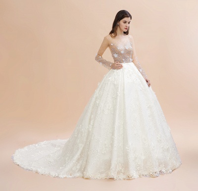 Очаровательное свадебное платье с цветочными кружевными аппликациями Великолепное свадебное платье с белыми бусинами_13