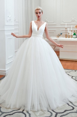 Sexy Vestido de Noiva Primavera Princesa Branco sem mangas com decote em V | Elegantes vestidos de noiva lombares com cinto_3