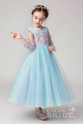 Pink Tulle Kids Birthday Party Dress Long Sleeves with Floral Pattern Pegant Dress for Girls_2