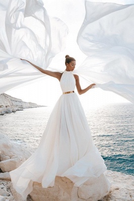 Белое шифоновое пляжное свадебное платье с лямкой на шее, длинное простое свадебное платье с разрезом_1