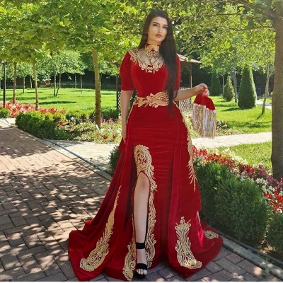 Великолепное красное бархатное вечернее платье русалки с золотыми аппликациями на рукавах_2
