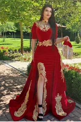 Великолепное красное бархатное вечернее платье русалки с золотыми аппликациями на рукавах_1
