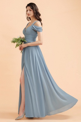 Grey Blue Off Shoulder Chiffon Bridesmaid Dress with Side Slit Straps Wedding Party Dress_7