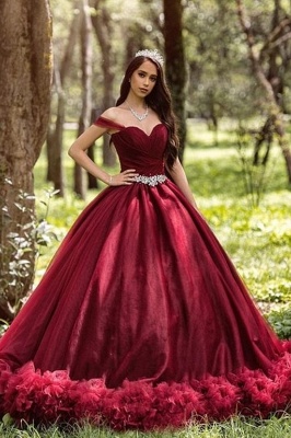 Burgundy Wedding Dress Princess A-line Velvet Off Shoulder Ball Gown_1