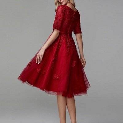 Темно-красное кружевное вечернее платье с половинными рукавами из тюля Короткое повседневное платье_3