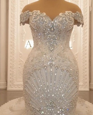Luxurious Off-the-shoulder Cap Sleeves Mermaid Beading Wedding Dresses_8
