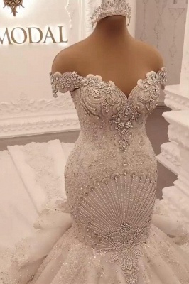 Роскошные свадебные платья русалки с открытыми плечами и бисером_6