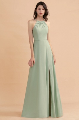 Halter Mint Green Aline Wedding Guest Dress Sleeveles Long Banquet Dress with Side Slit_1
