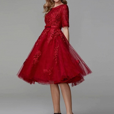 Темно-красное кружевное вечернее платье с половинными рукавами из тюля Короткое повседневное платье_2