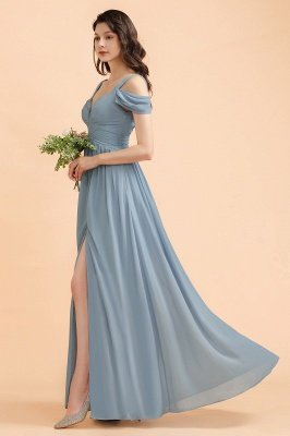 Серо-синее шифоновое платье с открытыми плечами для подружек невесты с боковыми разрезами Платье для свадебной вечеринки_7