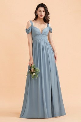 Серо-синее шифоновое платье с открытыми плечами для подружек невесты с боковыми разрезами Платье для свадебной вечеринки_9