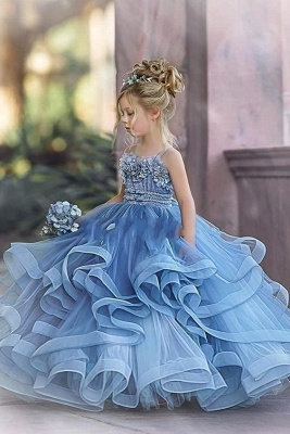 Robes de demoiselle d'honneur princesse sans bretelles mignonnes volants bleu poussiéreux_4