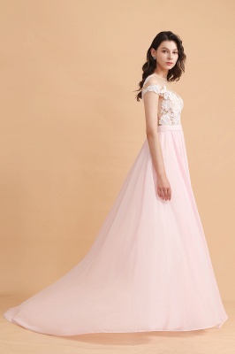 Vestido de dama de honor con apliques de encaje y mangas casquillo Vestido de fiesta de boda Aline de gasa rosa con abertura lateral_7