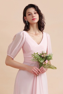 Романтическое розовое шифоновое длинное свадебное платье для гостей с половинными рукавами_9